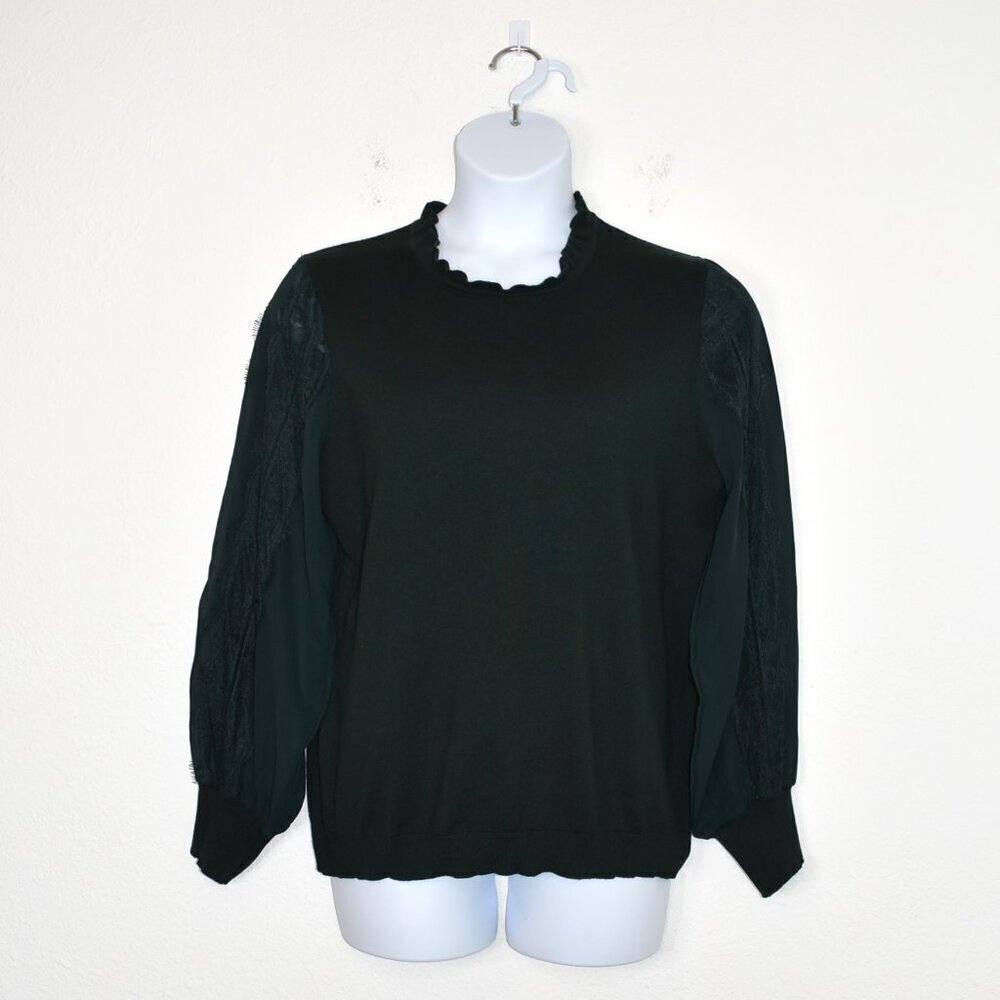 Adrianna Papell Knit Blouse Mock Neck Sz XL Sheer Sleeves Lace Whimsygoth